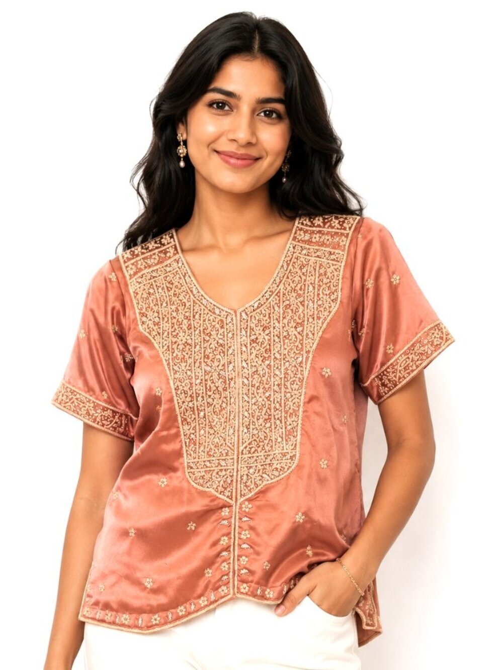 Handmade Rose Pink Blue Beaded Embroidered Top